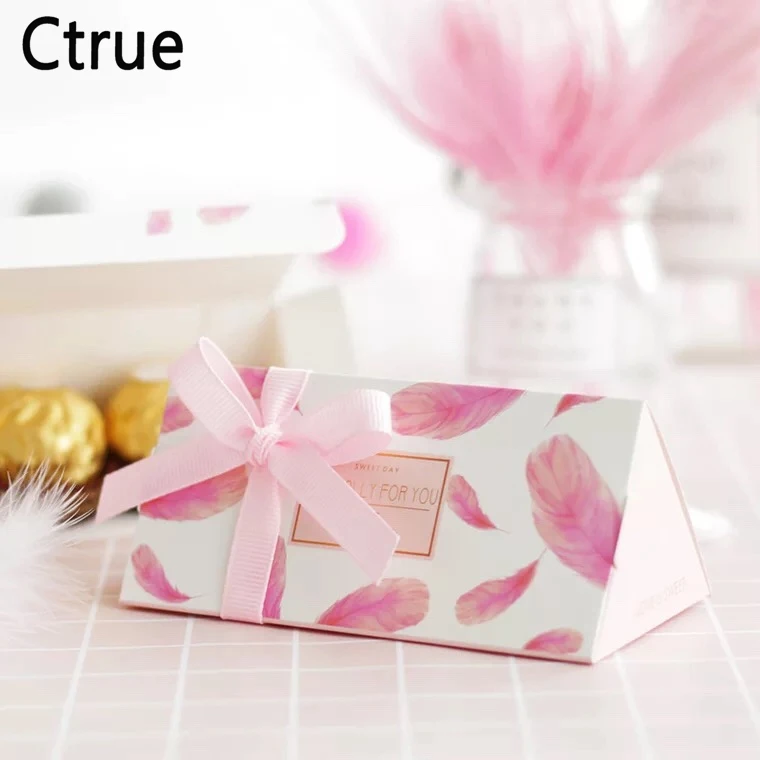 

50pcs 11.5X5.5X5CM Pink feather Candy Box with ribbon chocolate gift boxes party favor boxes candy packaging wedding favors
