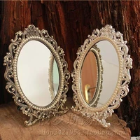 retro desktop makeup cosmetic mirror floral embossed jewelry pearl inlayed metal frame table decoration silver bronze 337a
