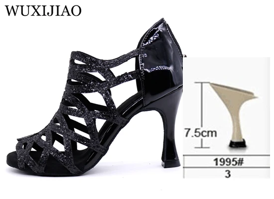 Black heel 7.5cm WUXIJIAO/Обувь для латинских танцев; женские туфли для вальса, сальсы, бальных танцев; zapatos de baile latino mujer; Цвет черный, красный; женская обувь - Цвет: Black heel 7.5cm