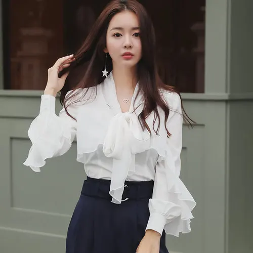 

High quality women fashion shirts bowtie collar ruffles balloon sleeve white shirt female top OL chiffon blouse Chemise blusa