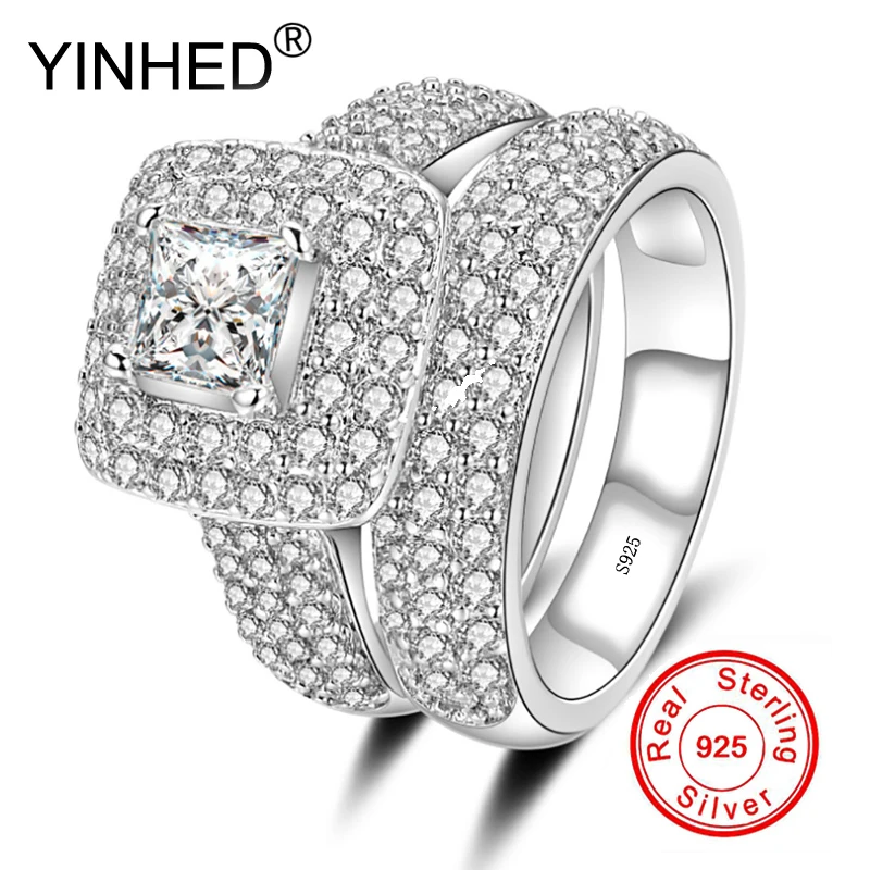 

YINHED Luxury Vintage Jewelry 2pcs Engagement Rings Set Real 925 Sterling Silver AAA Zircon Bridal Wedding Couple Rings ZR518