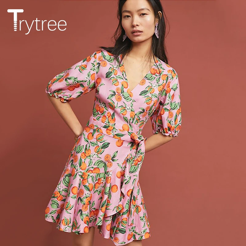 Trytree 2019 летнее женское платье повседневное с v-образным вырезом пояс пышные