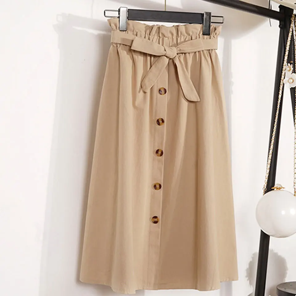 JH1267apricot Горячая Распродажа Осень, женские юбки, Корейская юбка на пуговицах с высокой талией, юбка миди до колен, элегантная женская плиссированная юбка для школы - Цвет: JH1267apricot
