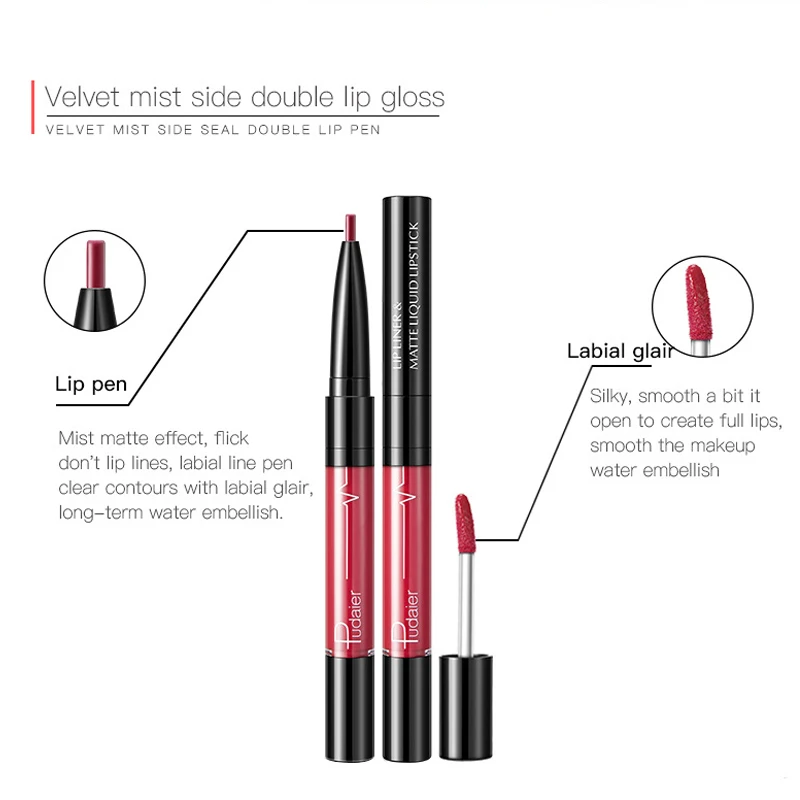 Pudaier Nude Make Up Double Head Velvet Matte Liquid Lipstick Lips Liner Gloss Long Lasting Professional Makeup Maquiagem |