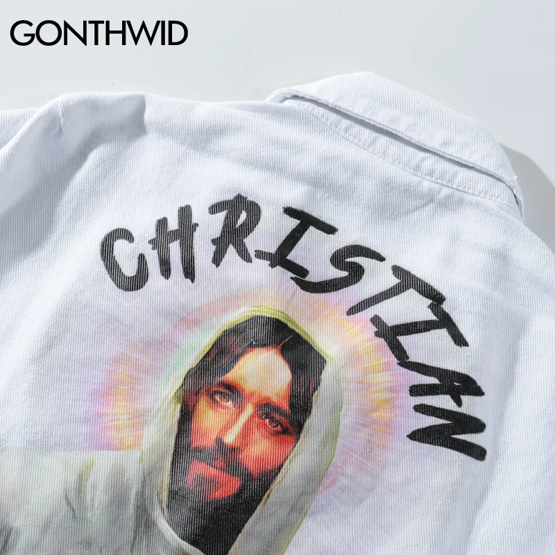 GONTHWID God принтованные рваные джинсовые куртки с дырками мужские модные повседневные джинсы джинсовая куртка Пальто Верхняя одежда