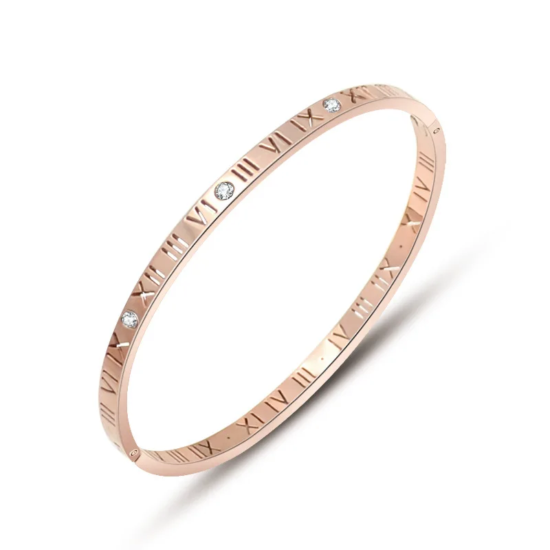 

Hot Sale Hollow Roman Numerals With Rhinestone CZ Rose Gold Color / Silver Color Titanium Steel Bangle