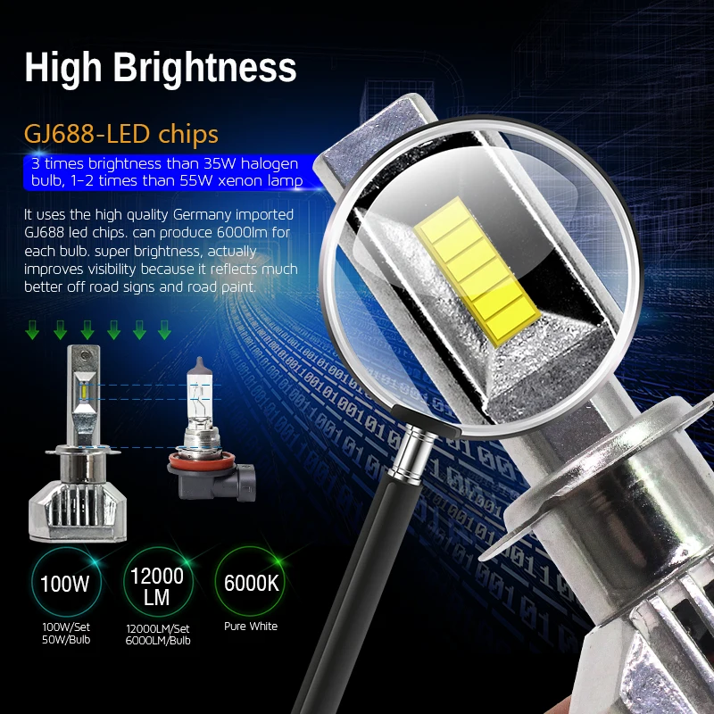 Cawanerl 100 Вт 9005 лм/комплект автомобисветильник фасветильник H4 H7 LED H1 H3 H8 H9 H11 9006 HB3 6000