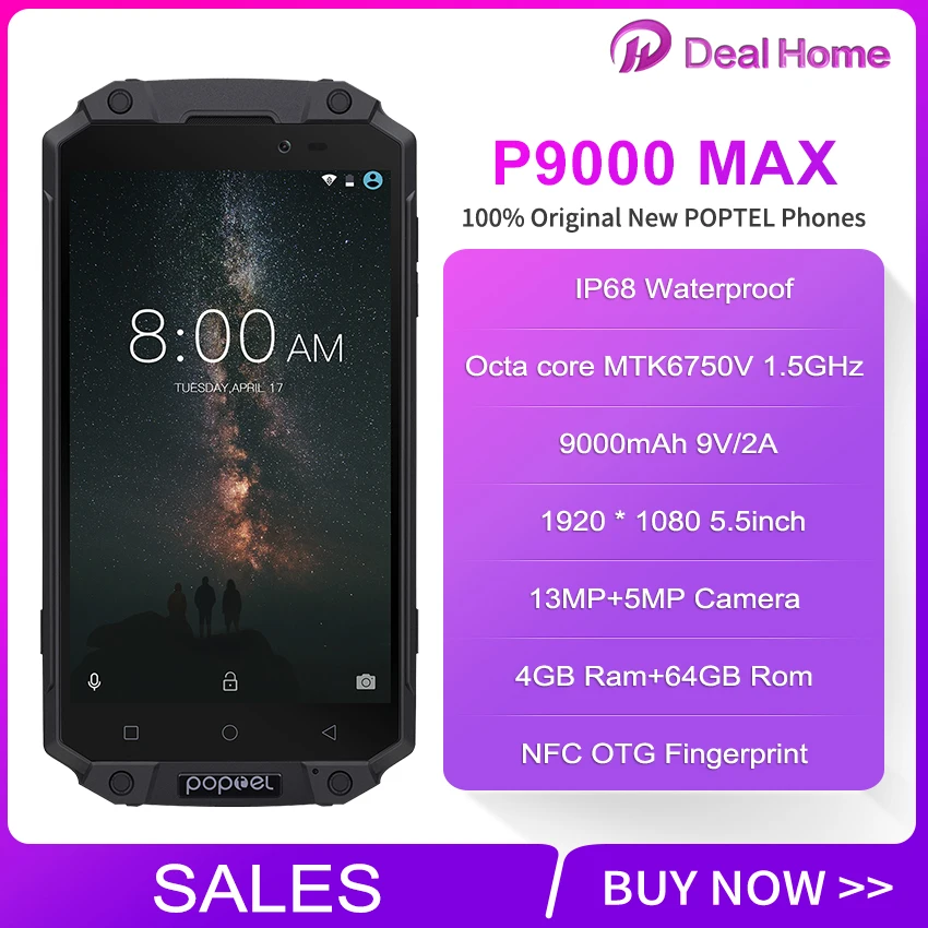 Poptel P9000 MAX 9000 мАч 5 &quotFHD водонепроницаемый мобильный телефон с ip68 4 ГБ + 64 13.0MP Android 7 0