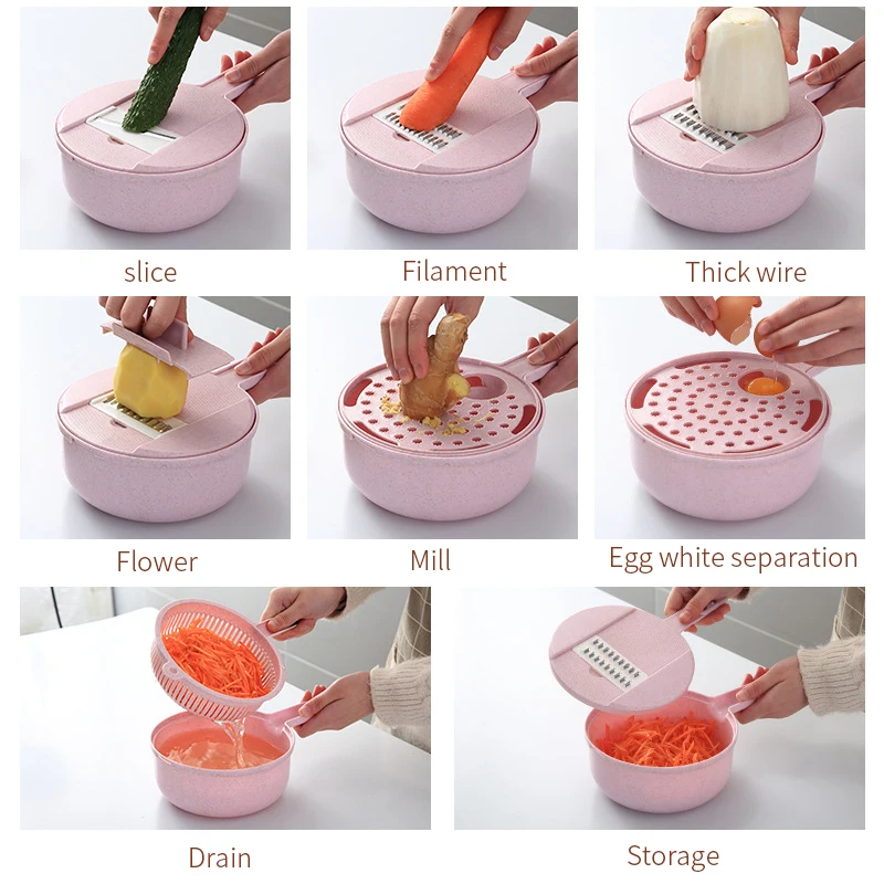 9 pcs /Set Kitchen Cutter Fruit Vegetable Slicer Potato Carrot Grater Garlic Chopper Mandoline Cutter with Noodle Drain Basket