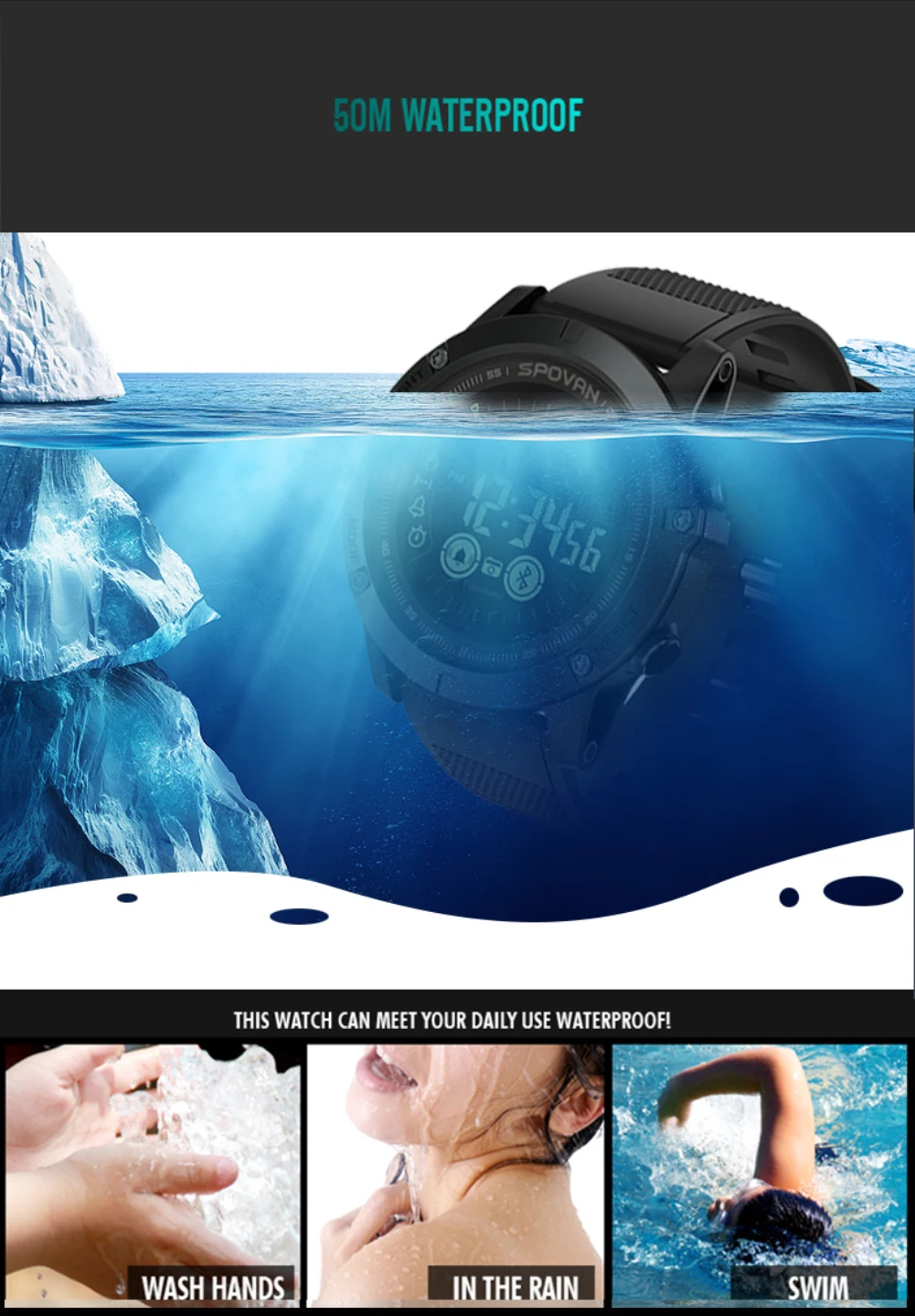 Bluetooth мужские часы, модные спортивные часы, цифровые часы. 2 года работы от батареи, 50 м водонепроницаемые часы. Relogio Feminino PR1