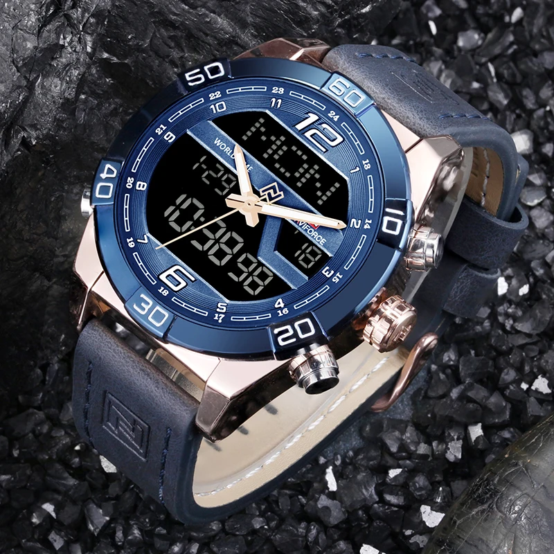 NAVIFORCE модные светодиодные цифровые часы мужские полностью стальные золотые