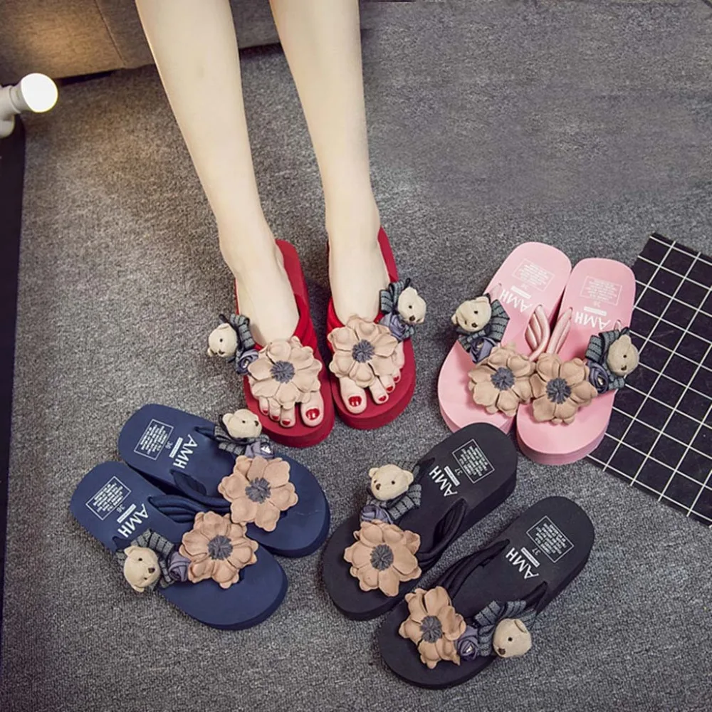 Женские шлепанцы на платформе повседневные пляжные с цветочным принтом