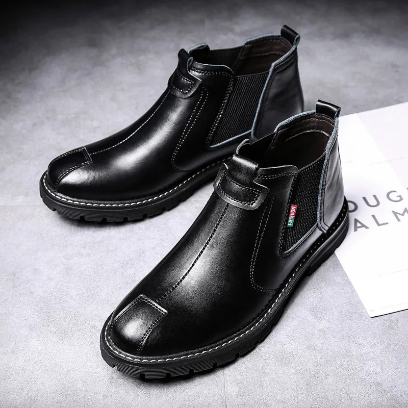 Black Spring Boots Misalwa/Новинка; Прямая поставка; мужские зимние ботинки; зимняя обувь с мехом; сезон осень; износостойкие рабочие ботинки без шнуровки; кожаные ботинки; Botas hombre - Цвет: Black Spring Boots