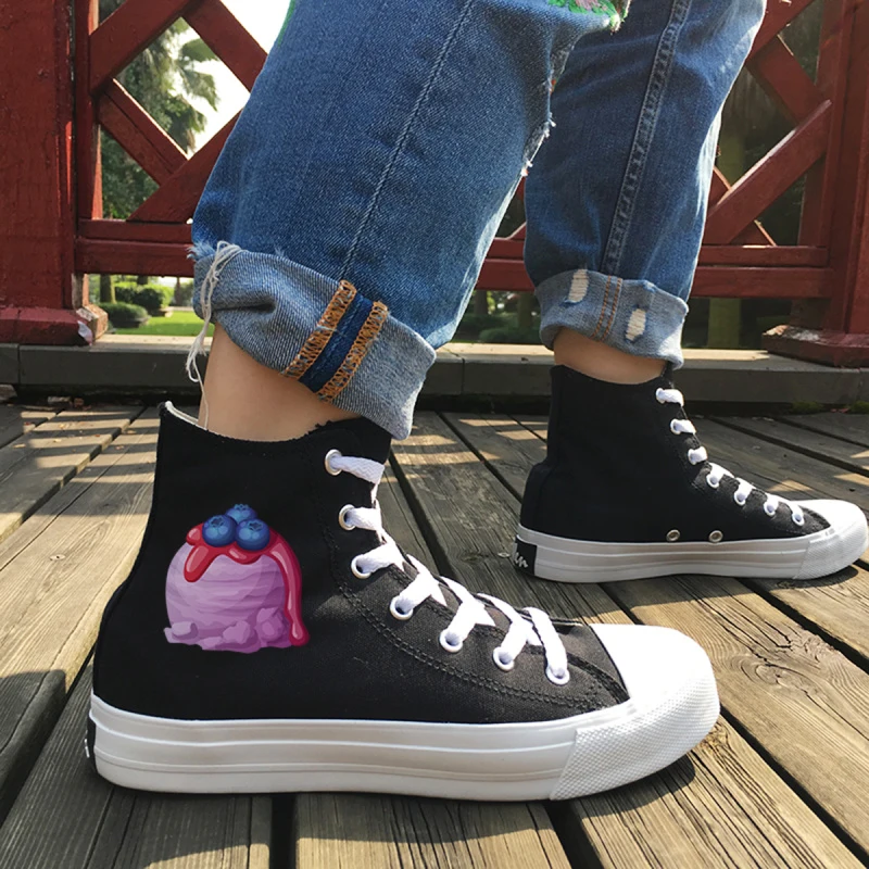 

Wen Original Design Delicious Ice Cream Blueberry Strawberry High Top Canvas Sneakers Women Black White Men Skateboard Shoes