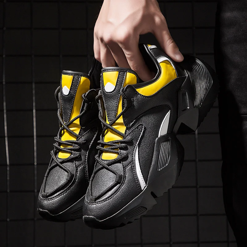 9963 Black Yellow Мужская кожаная прогулочная обувь; сезон весна-осень; дышащая модная обувь на шнуровке для папы; мужские кроссовки; Adulto zapatos hombre - Цвет: 9963 Black Yellow