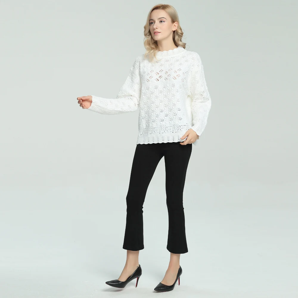 Autumn Winter Long Sleeve Wave Crochet Hollow Out Knitted Pullover Loose Women Sweater Kawaii Sweet Girl Knitwear White Jumper | Женская