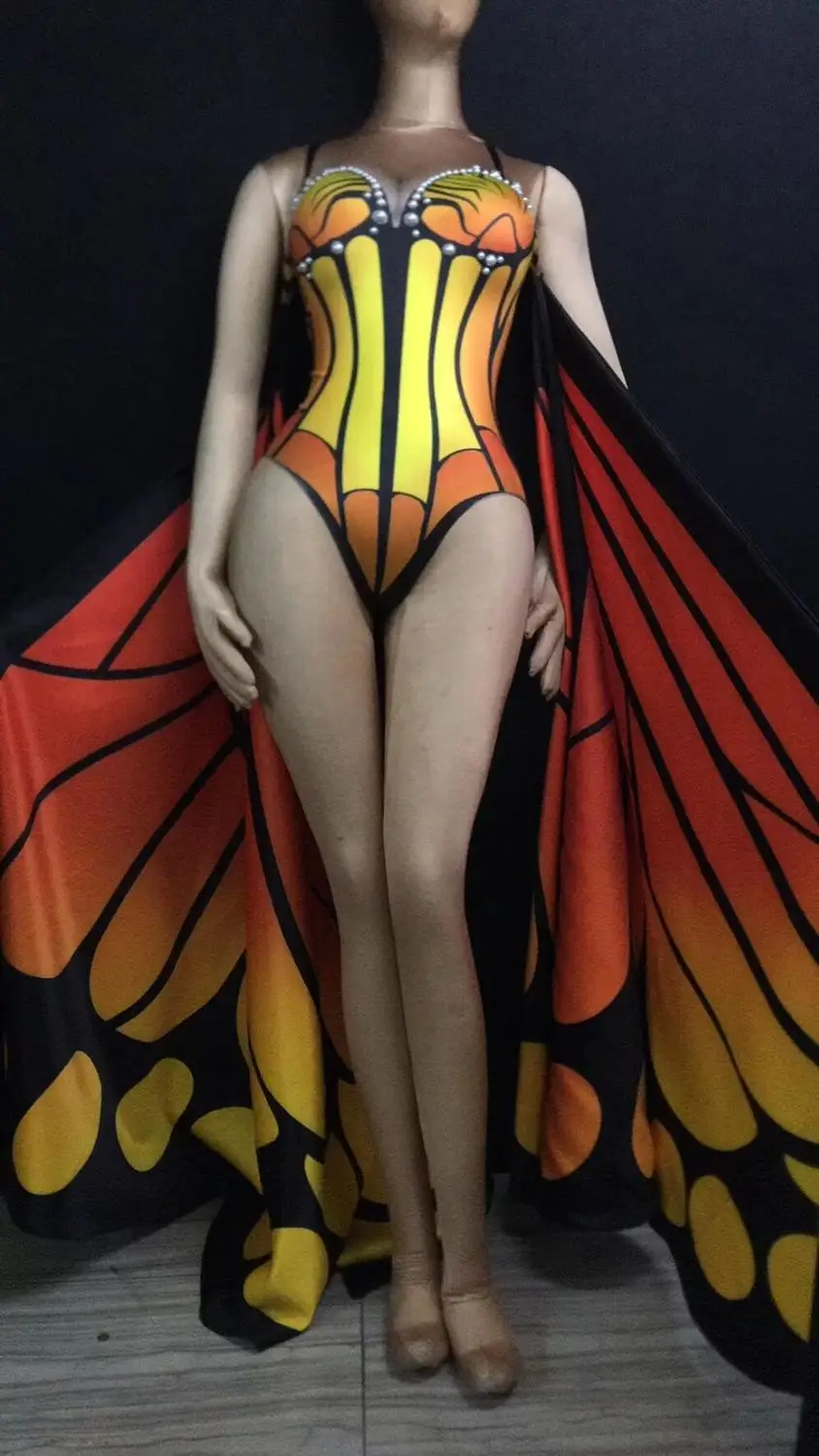 

Women Singer Nightclub Costume Colorful Printing Butterfly Wings Elastic Bodysuit Leading Dance Models Catwalk Party Stage Wear