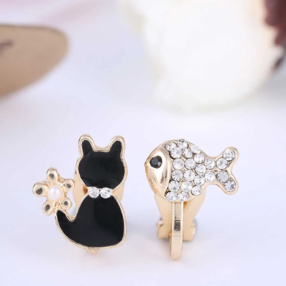 Милые эмалированные Серьги клипсы JIOFREE в форме кошки рыбы без пирсинга для