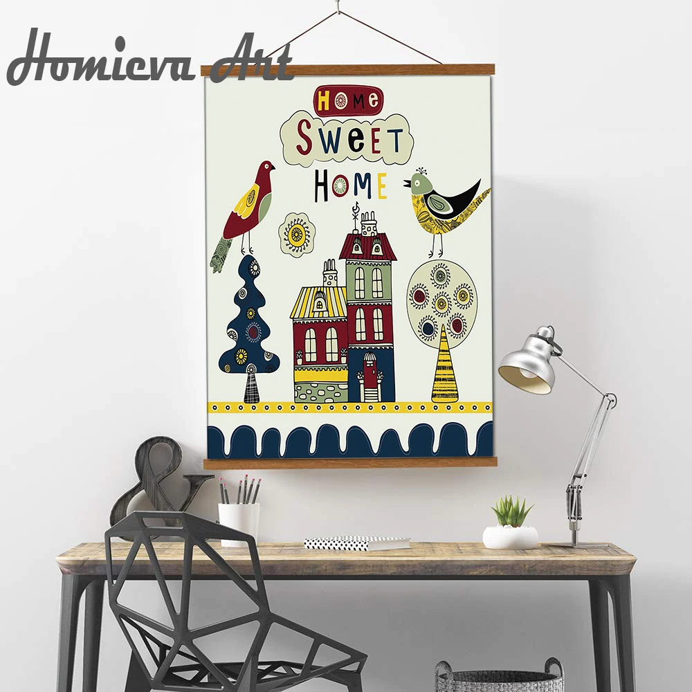 Cartoon City birds House Canvas Art Painting Print Poster And Prints Wall Pictures Kids Room Decor | Дом и сад