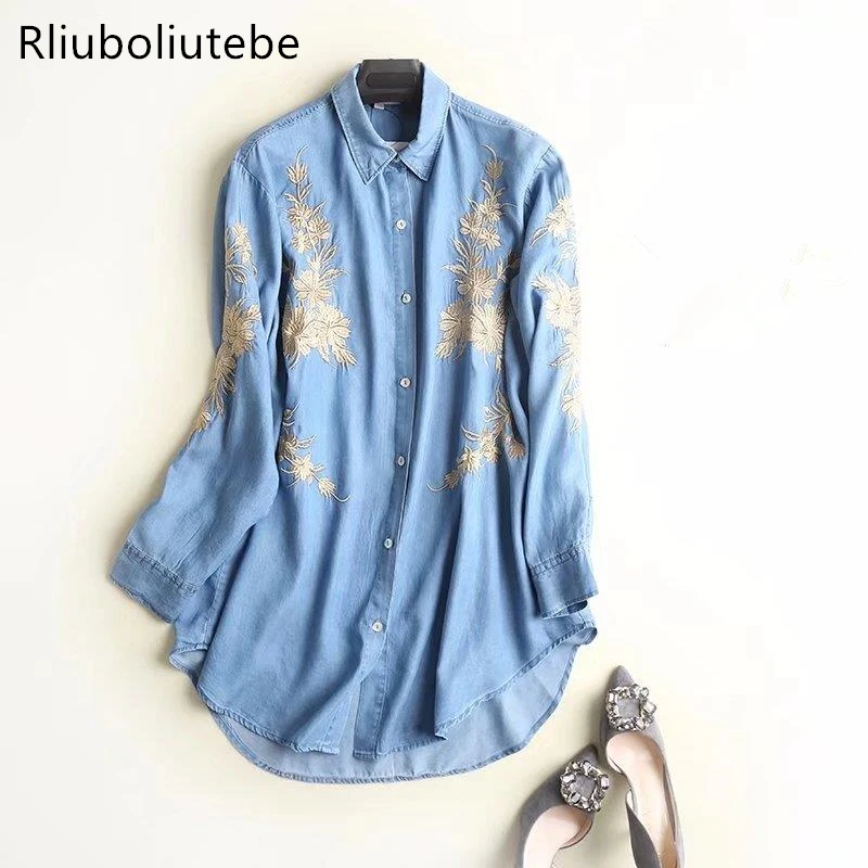 Tencel Джинсовая женская рубашка мягкие джинсы длинная рубашка с вышивкой с длинными рукавами светло-голубые цветы повседневные свободные топы уличная одежда
