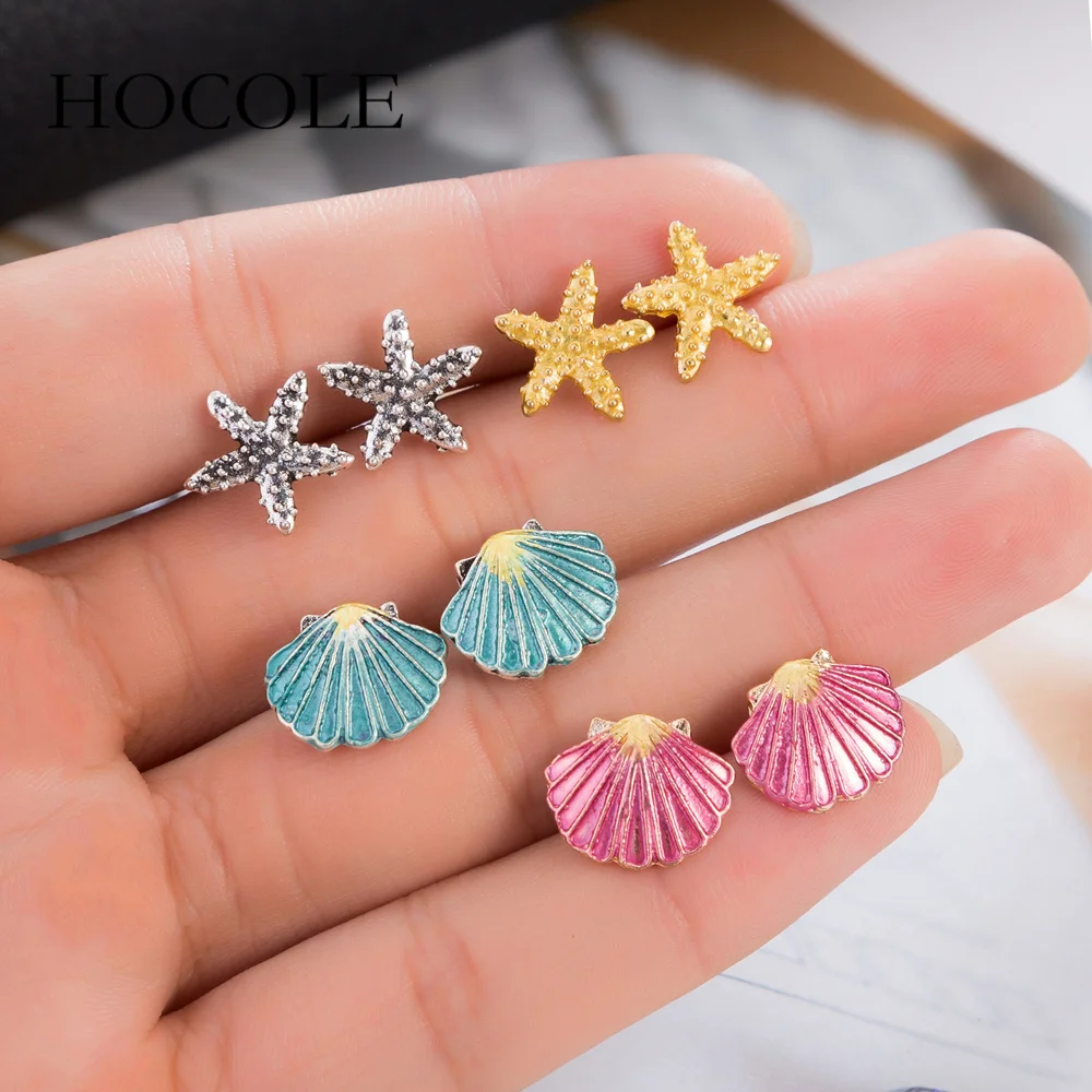 

HOCOLE 4 Pairs/Set Starfish Shell Mixed Stud Earrings for Women Bohemian Summer Beach Holiday Boucle D'oreille Jewelry Brincos