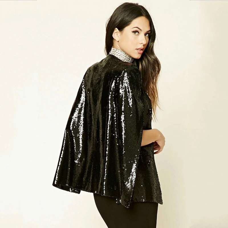 Women Black Blazer Cape Ladies Runway Open Front Sequin Office Lady Party Streetwear Female Coats Outfits | Женская одежда