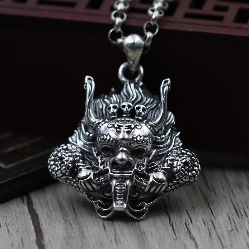 Подлинная 925 пробы серебряная подвеска Mahakala Мужская Личность ретро ручная резная