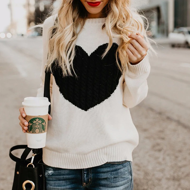2019 New Arrival Women Autumn Winter Sweater O-neck Long Sleeve Knitted Jumper Short With A Loving Hear Sweaters | Женская одежда