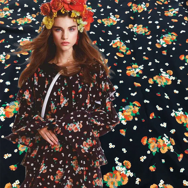 

2019 new natural silk digital printing fabric silk crepe de Chine floral clothing handmade DIY fabric not transparent