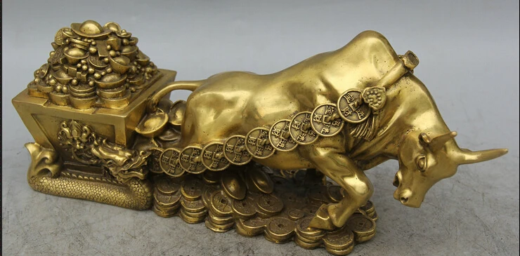 JP S62 14 &quotКитайская латунь богатство деньги Дракон бык Oxen draw вагоны Сокровище Чаша