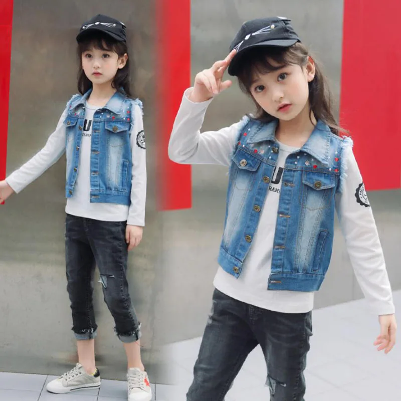 Жилет для девочек Джинсовое Рваное пальто Джинсовый жилет Джинсовые куртки без