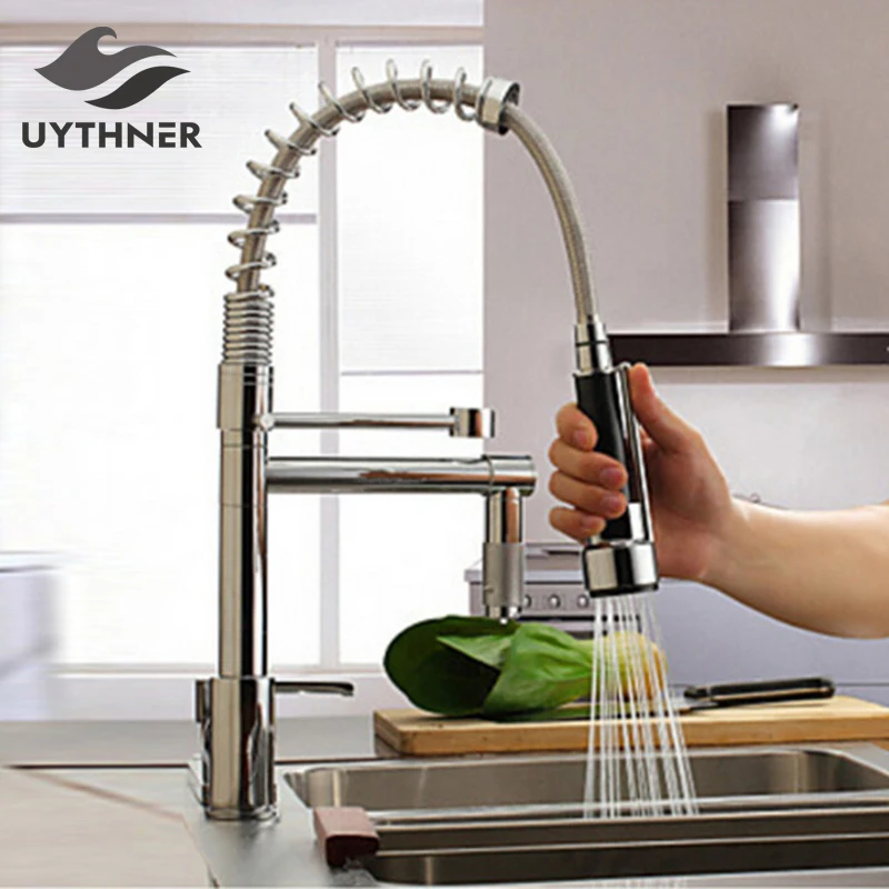 Uythner Chrome Finish Dual Spout Kitchen Sink Faucet Deck Mount Spring Mixer Tap Hot and Cold Water tap | Обустройство дома