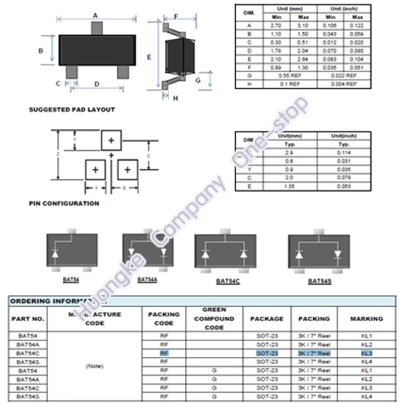 50 шт./лот BAT54C Mark KL3 BAT54 KL1 SOT-23 SMD BAT54A KL2 BAT54S KL4 P-Channel enhance Mode MOSFET | Электроника