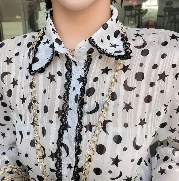 Женский рисунок звезды луны рубашка с отворотом принтом + Золотая цепочка Холтер