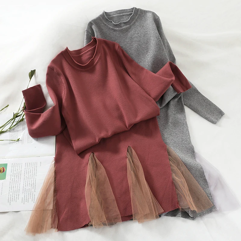 2019 новые модные женские платье-свитер Круглый воротник свободные отображения