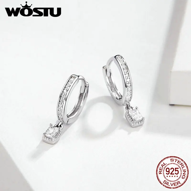 WOSTU Настоящее 925 пробы серебряные серьги для женщин прозрачные квадратные циркониевые серьги подарок на свадьбу DAE157