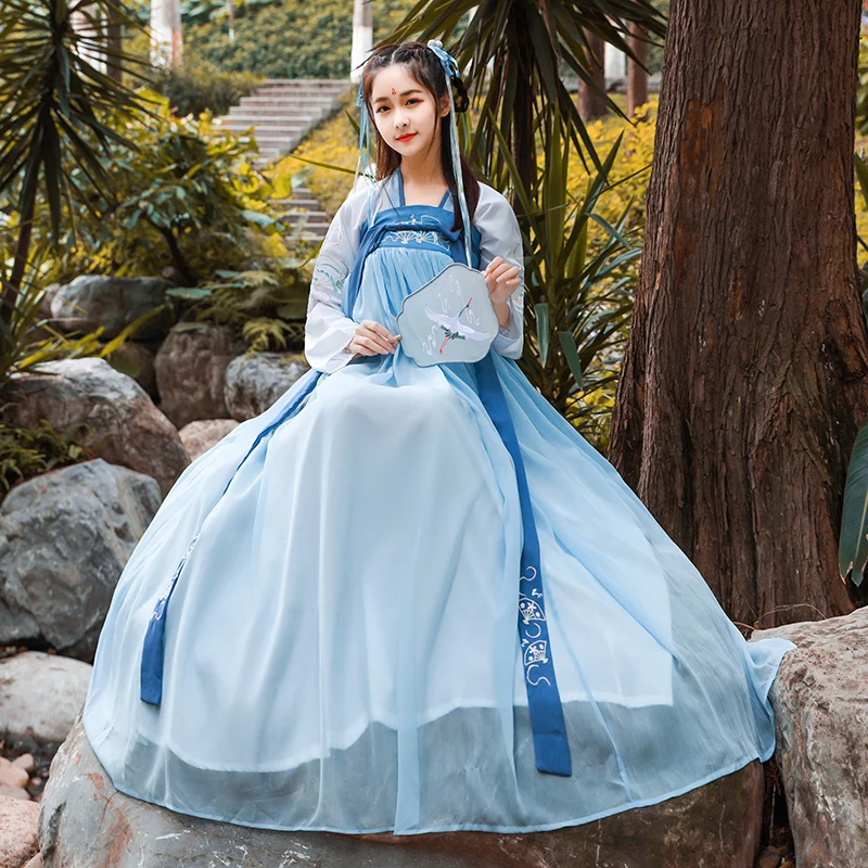 

Womens Hanfu Costume Ancient Chinese Fairy Folk Dance Dress Chiffon Tang Dynasty Princess Clothes Stage Performance Clothing