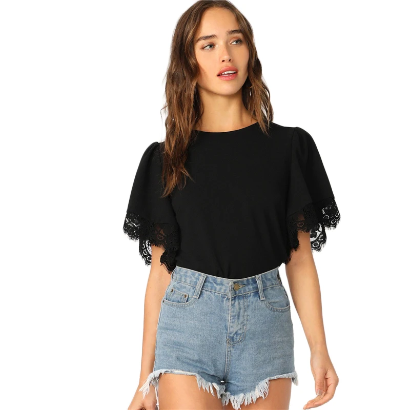 SHEIN Однотонный Топ С Оригинальным Рукавом И Кружевной Отделкой Женская Летняя Элегантная Блузка С Короткими Рукавами
