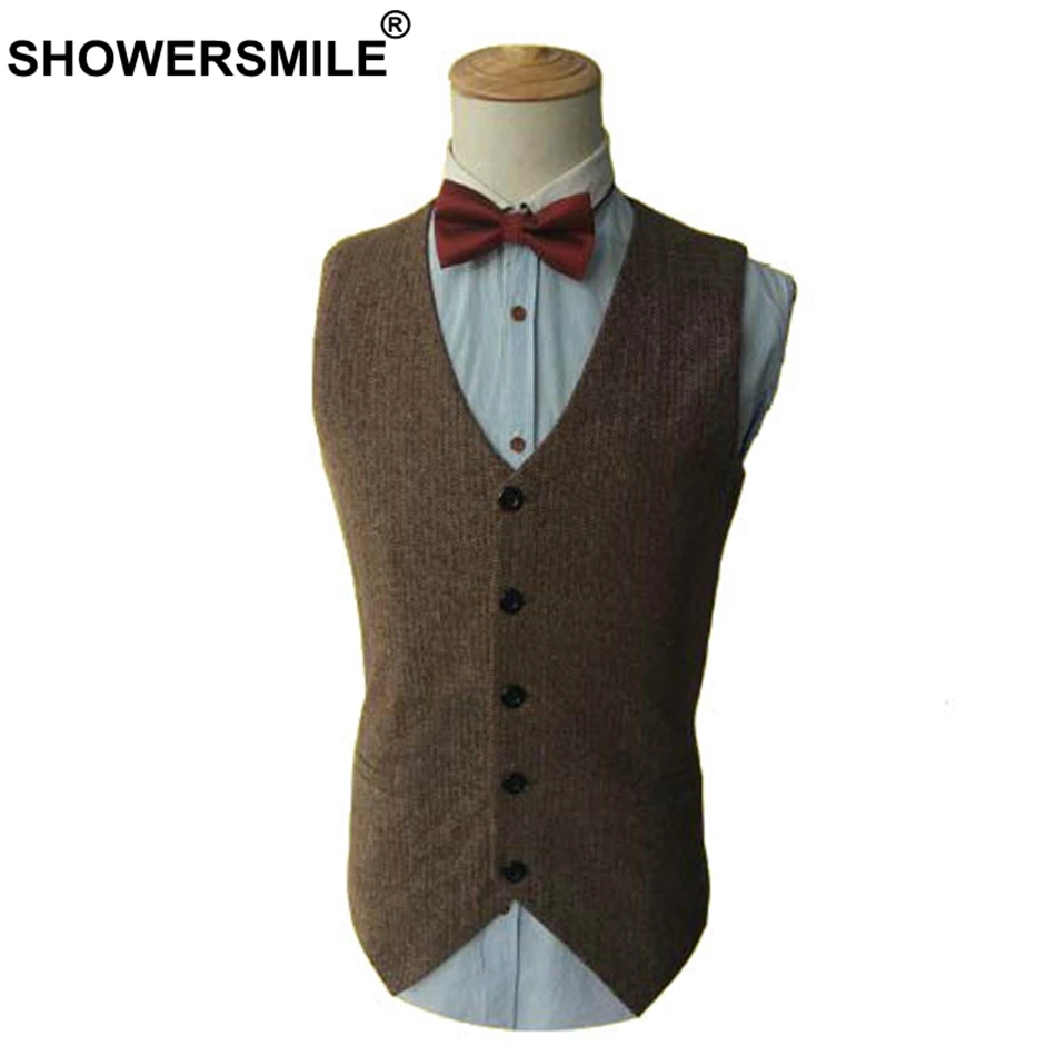 Coffee Suit Vest SHOWERSMILE шерстяной жилет в елочку, мужской твидовый Приталенный жилет, мужской Британский блейзер для свадьбы, умный Повседневный пиджак без рукавов - Цвет: Coffee Suit Vest