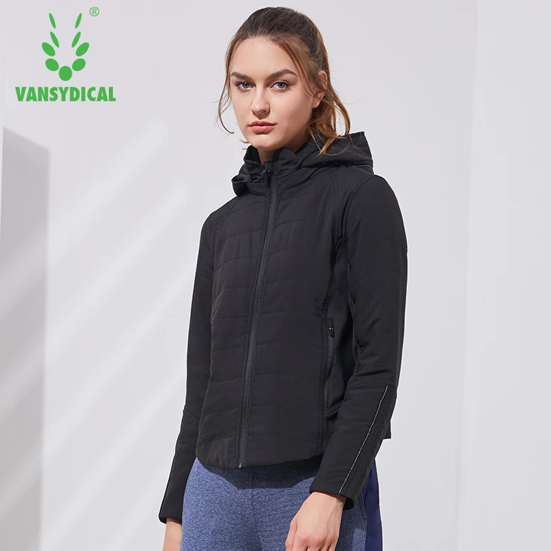 Vansydical Спортивная хлопковая стеганая осенне-зимняя женская ветровка с капюшоном на молнии для улицы, бега, фитнеса, куртка для йоги