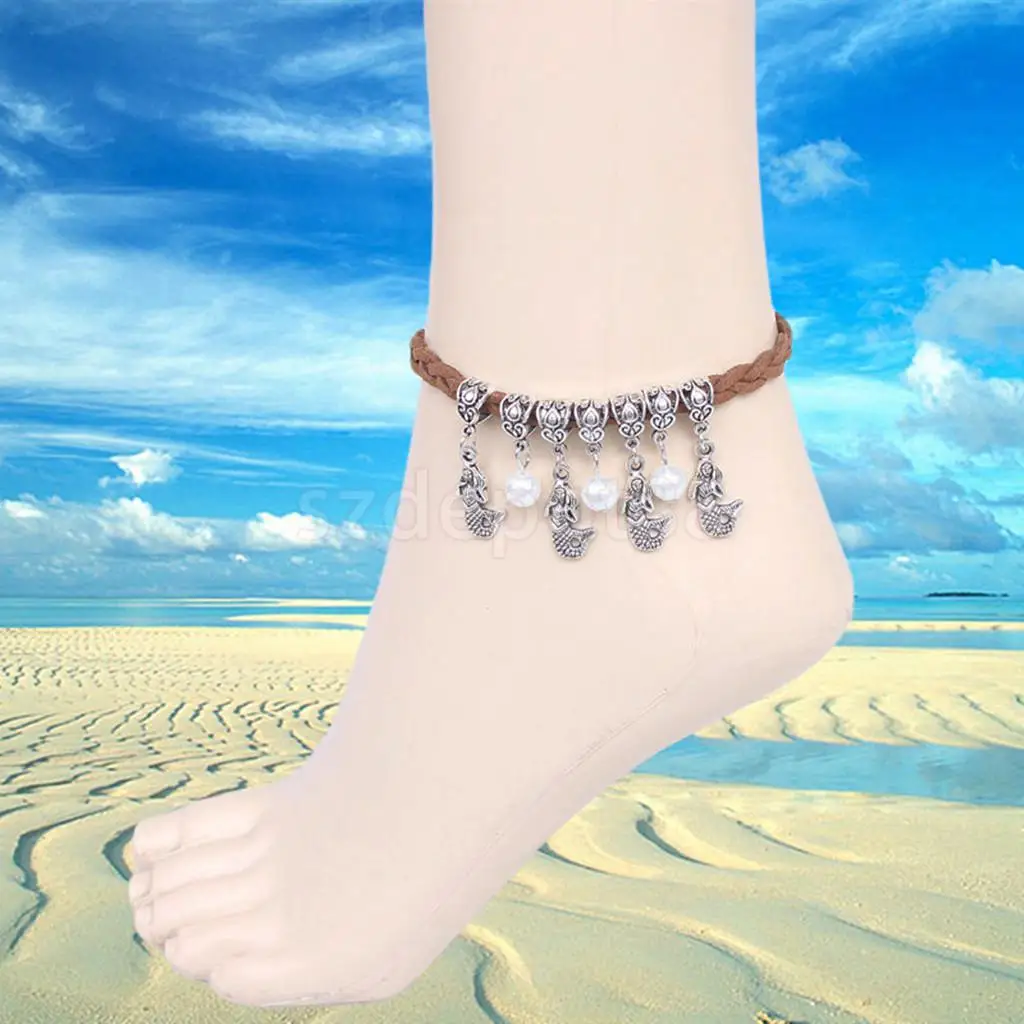 Модный кожаный плетеный браслет серебристого цвета с шармом русалки на