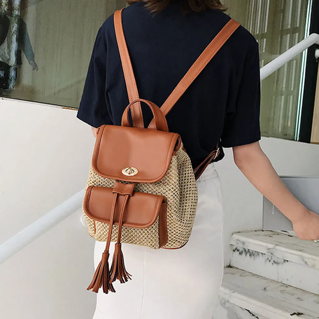 Straw woven backpack lady tassel summer girl student quality travel bag books backpack#g35 | Багаж и сумки