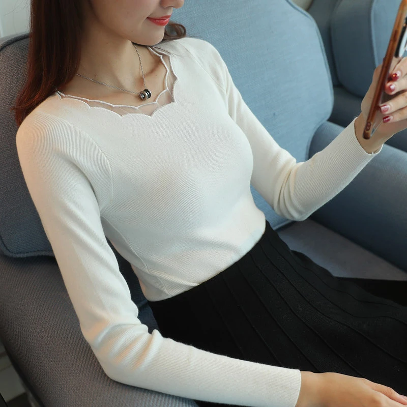 2018 New Autumn Women Sweater Pullovers Basic Tops Elastic force Slim O-neck Knit Casual stripe Long-Sleeve Sweaters Female | Женская