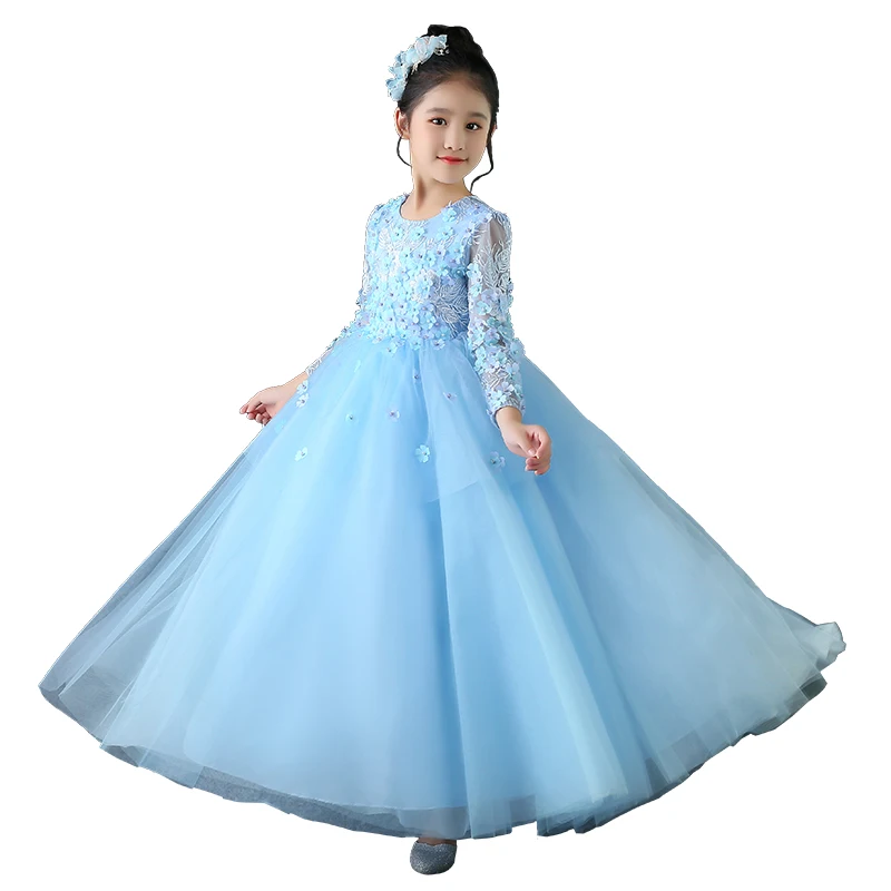 

Spring Autumn Children Girls Elegant Flowers Birthday Wedding Party Blue Long Dress Kids Luxury Model Show Host Pageant Dress