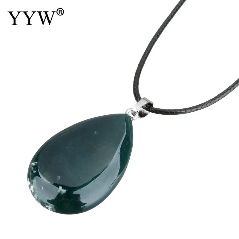 moss agate Лидер продаж YYW женский натуральный драгоценный камень КАПЛЕВИДНАЯ кожа веревочное ожерелье-чокер Малахит кварц опал розовый камень кулон ожерелье s - Окраска металла: moss agate