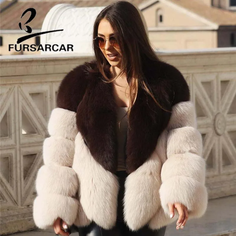 FURSARCAR 2018 натуральный Лисий мех пальто для Для женщин О образным вырезом 60 см