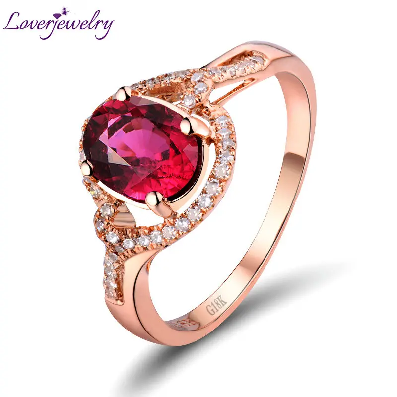 

LOVERJEWELRY Red Tourmaline Rings Solid 18KT Rose Gold Natural Oval 6x8mm Tourmaline Diamond Engagement Ring For Women Jewelry