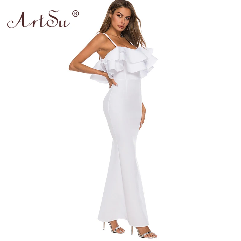 Женское платье с оборками ArtSu белое элегантное облегающее макси на тонких
