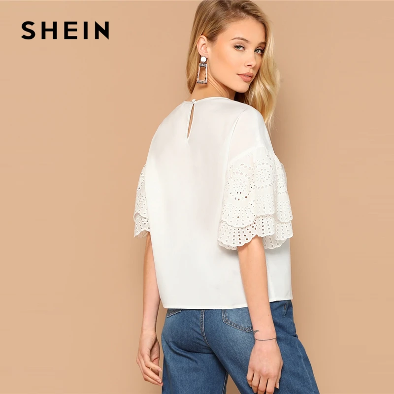 SHEIN Топ С Многослойным Оригинальным Рукавом Женские Летние Белые Элегантные Блузки С Средним Рукавом