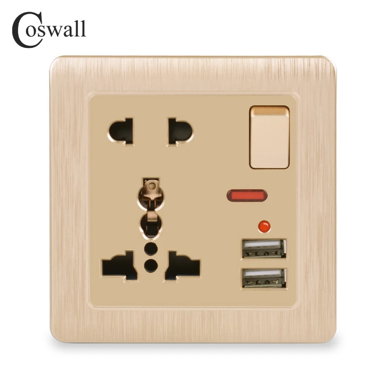 

Coswall Wall Power Socket 13A Universal 5 Hole Switched Outlet 2.1A Dual USB Charger Port LED indicator Gold Color Brushed Panel